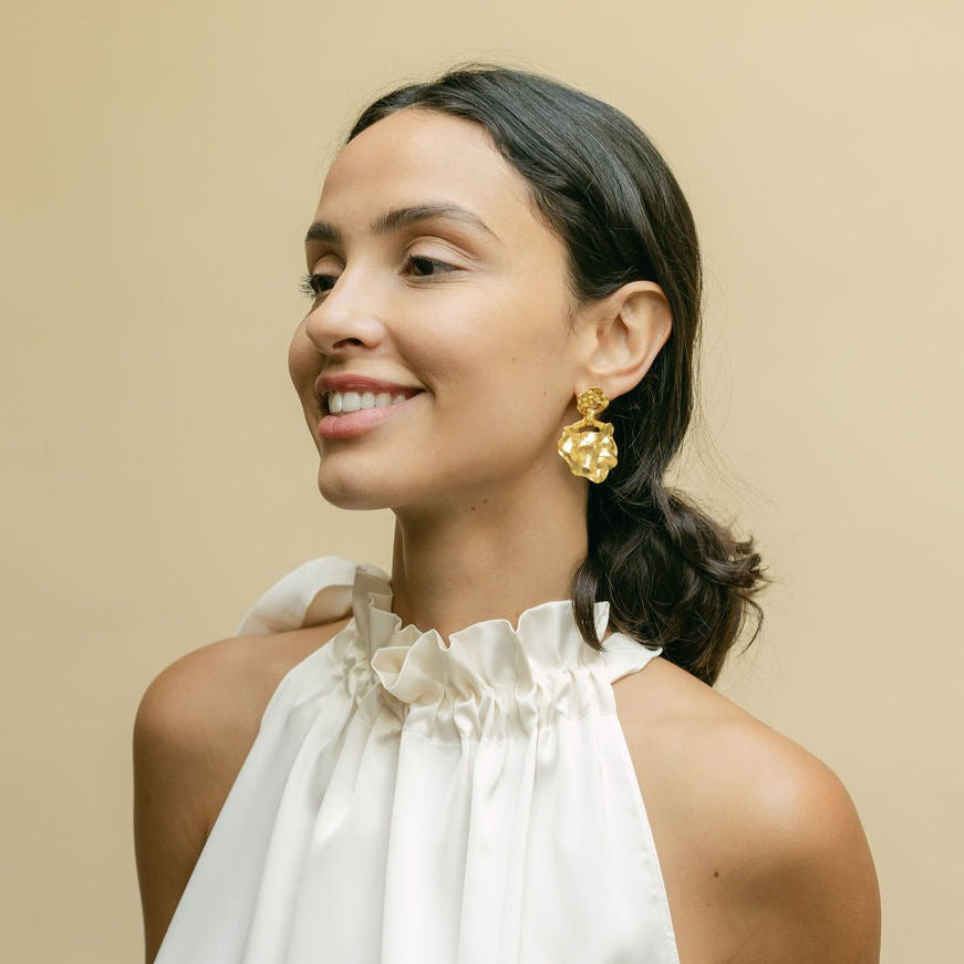Crumpled Gold Stud Drop Large Earrings - Eloise