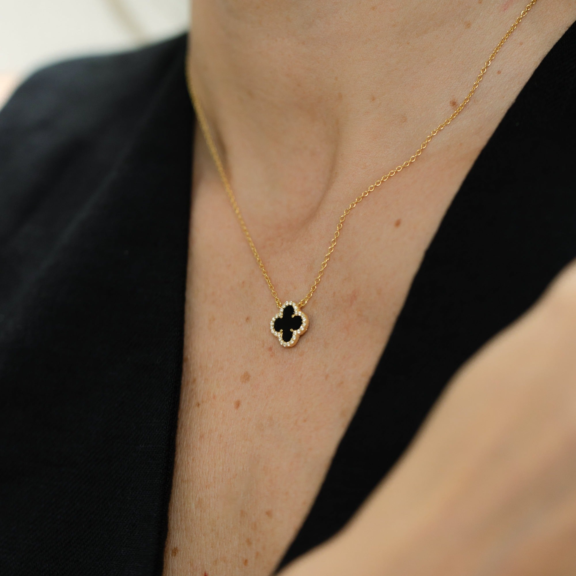 Clover Necklace with Black Onyx and Cubic Zirconia (Gold)