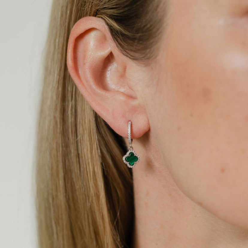 Clover Hoops with Malachite and Cubic Zirconia (Silver)