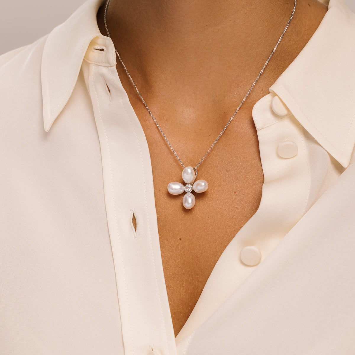 Pearl Flower Silver Necklace with Cubic Zirconia - Lulu B London Jewellery 
