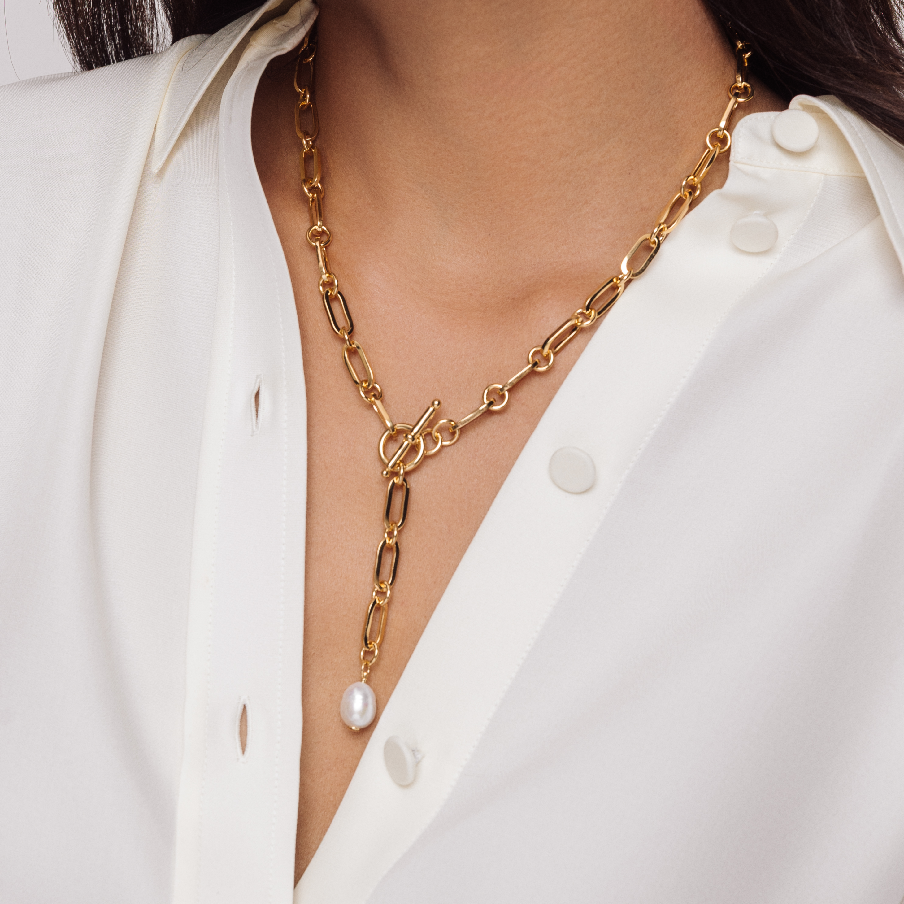 T-Bar Pearl Lariat Chain Necklace