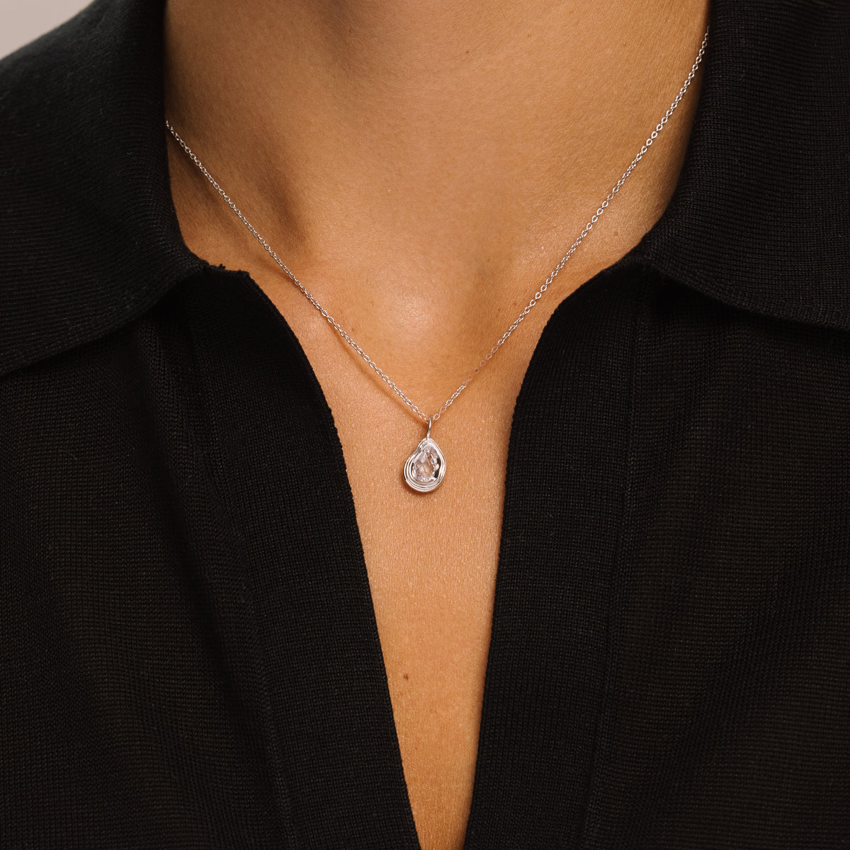 Teardrop Silver Pendant Necklace with Cubic Zirconia - Ripple - Lulu B London
