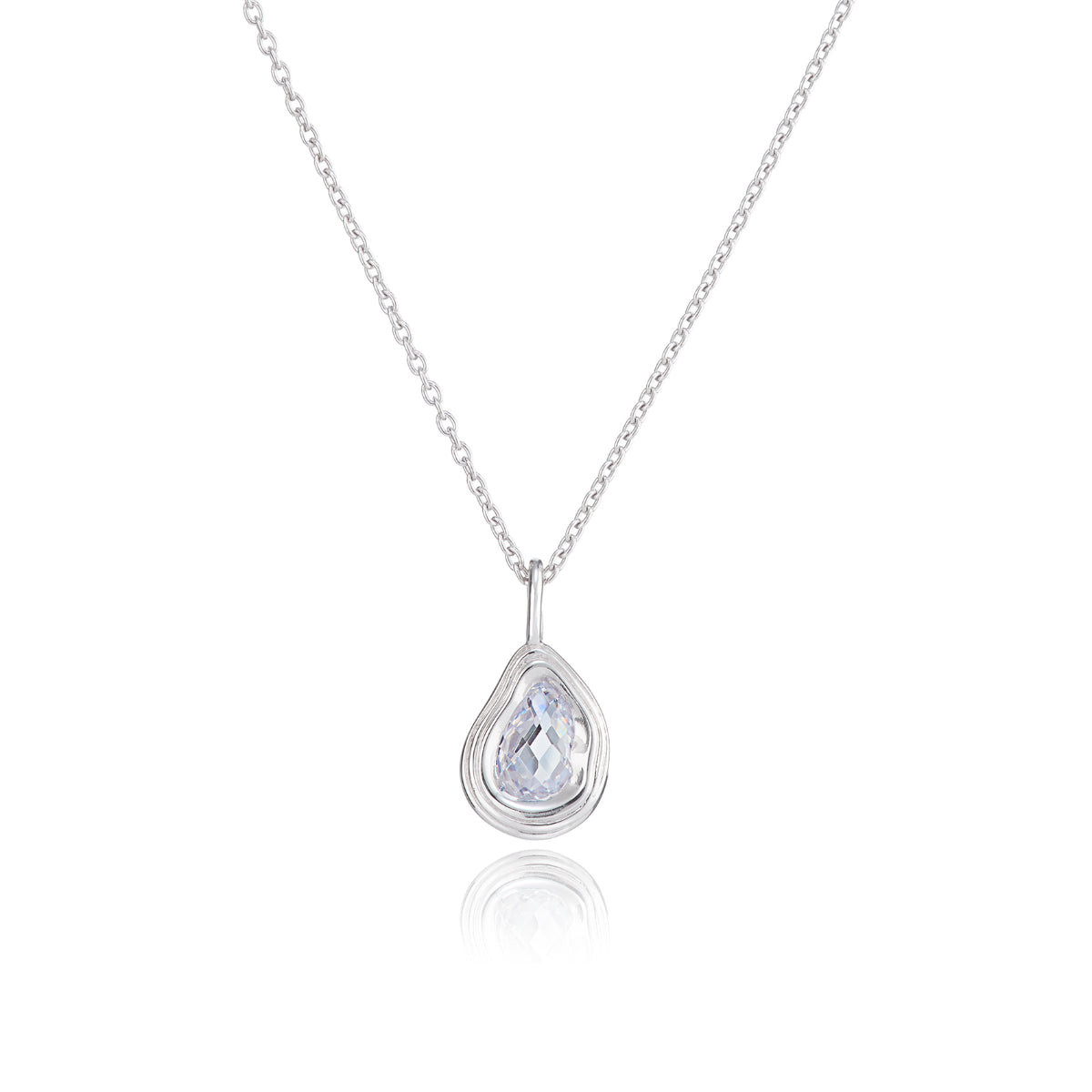 Teardrop Silver Pendant Necklace with Cubic Zirconia - Ripple - Lulu B London
