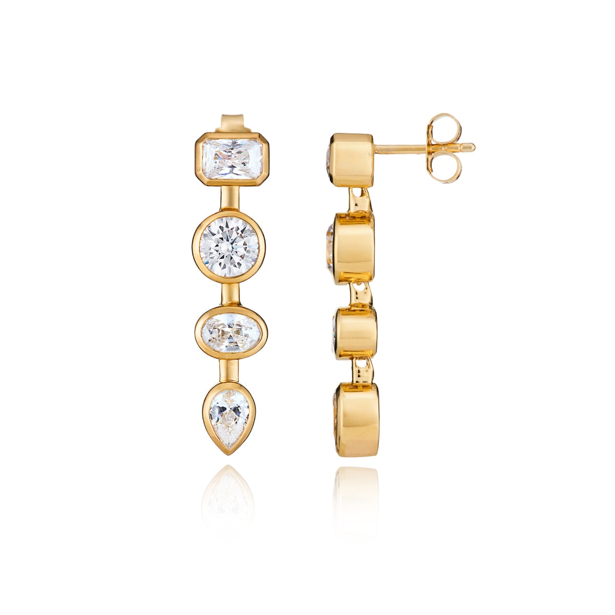 Tennis Mixed Shape Gold Stud Drop Earrings with Cubic Zirconia - Lulu B London Jewellery