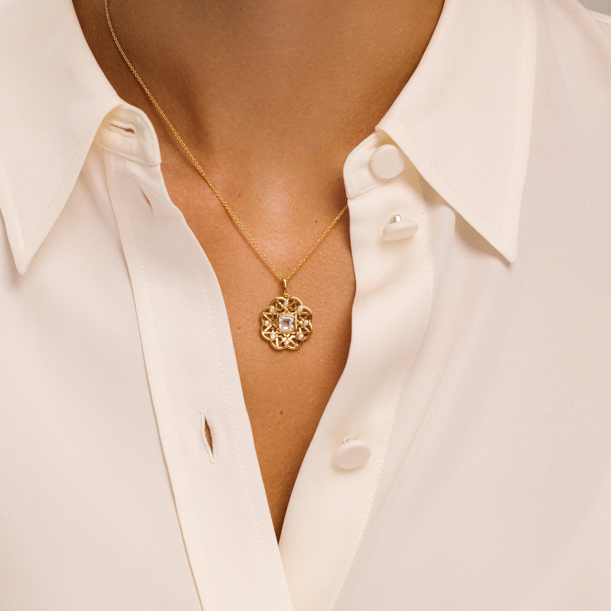 White Topaz Gemstone Flower Gold Necklace - Lulu B London Jewellery