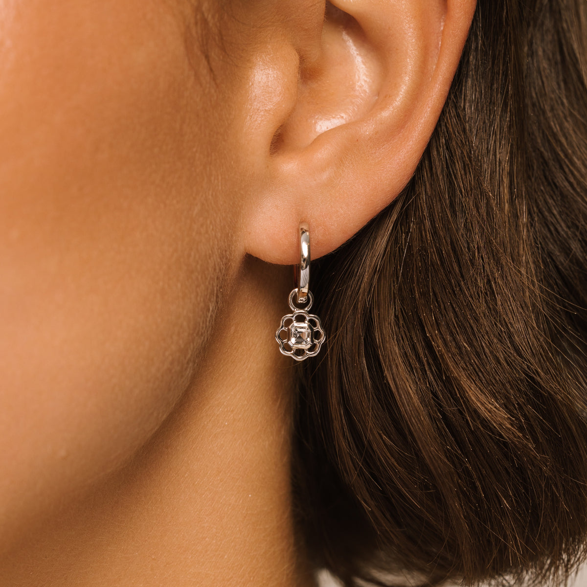 White Topaz Gemstone Flower Silver Drop Hoop Earrings - Lulu B London Jewellery