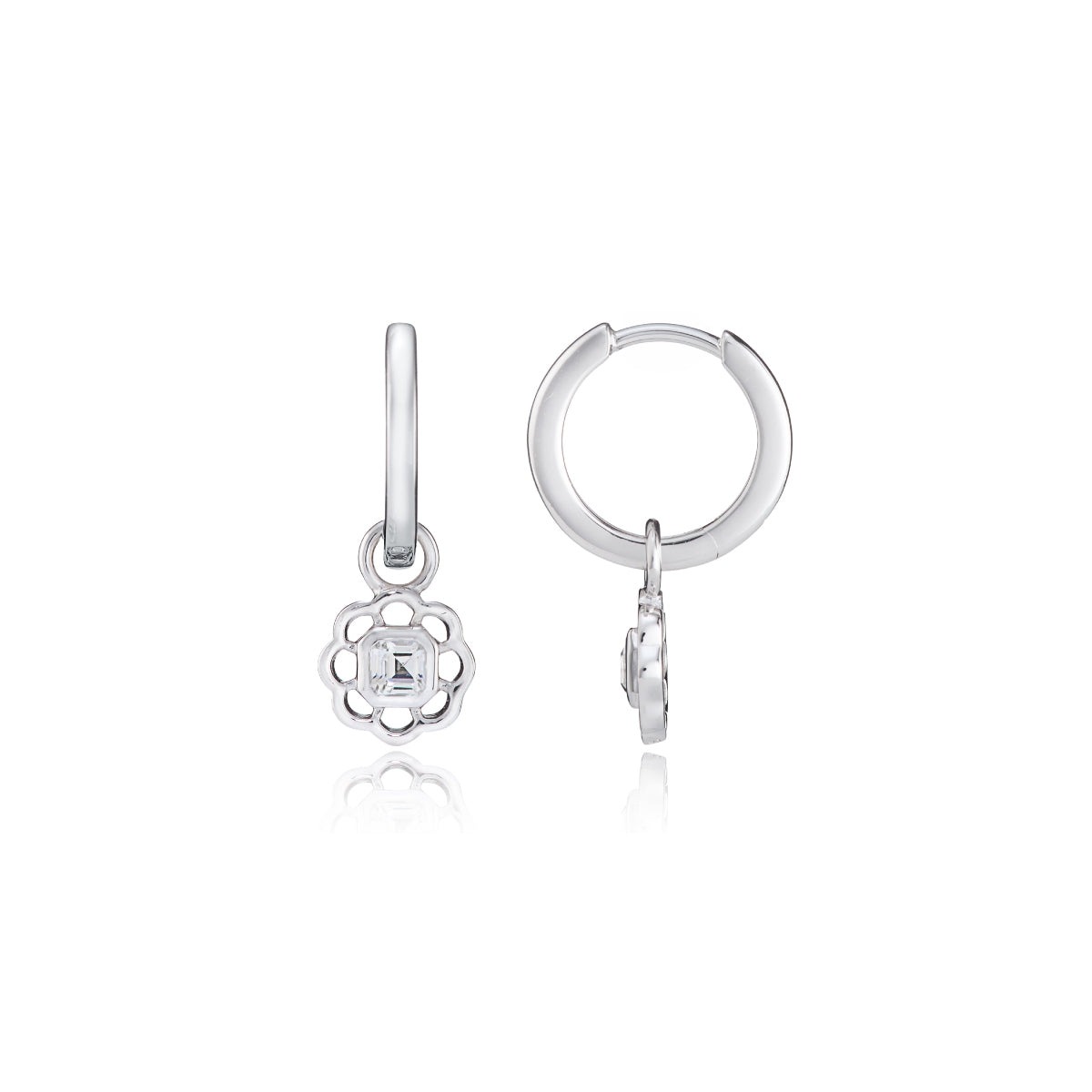White Topaz Gemstone Flower Silver Drop Hoop Earrings - Lulu B London Jewellery