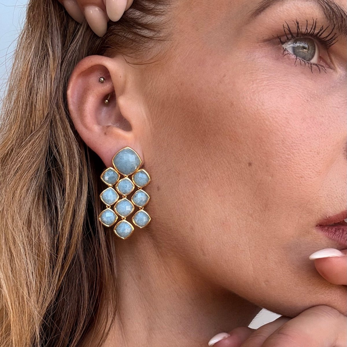 Aquamarine Chandelier Gemstone Gold Earrings - Lulu B London - Timeless Jewellery