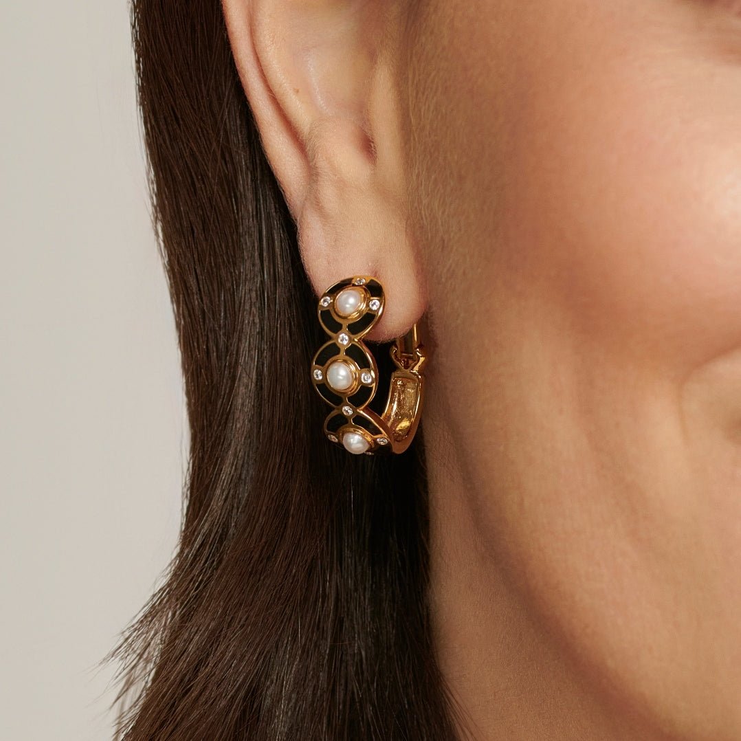 Black Enamel and Pearl Statement Gold Hoop Earrings - Lulu B Jewellery