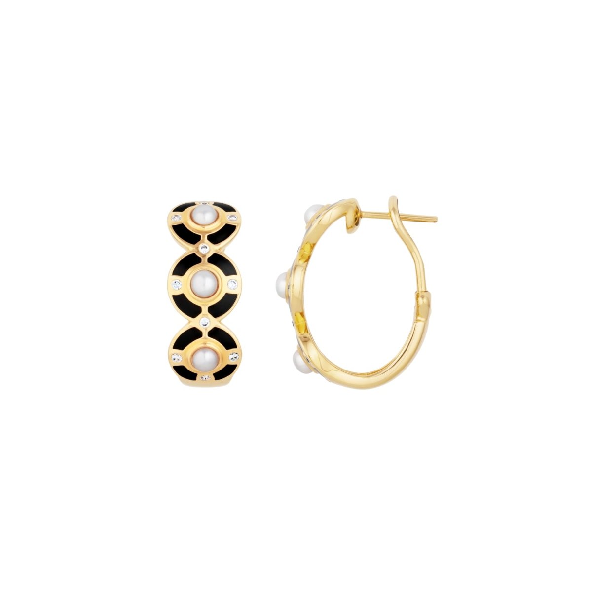 Black Enamel and Pearl Statement Gold Hoop Earrings - Lulu B Jewellery