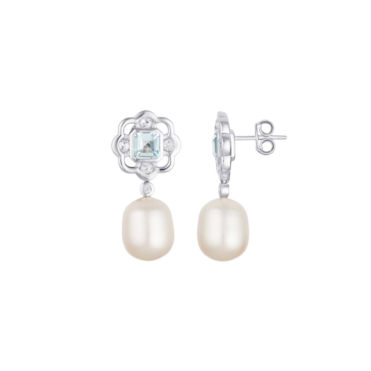 Blue Topaz and Pearl Gemstone Flower Silver Stud Drop Earrings - Lulu B London - Timeless Jewellery