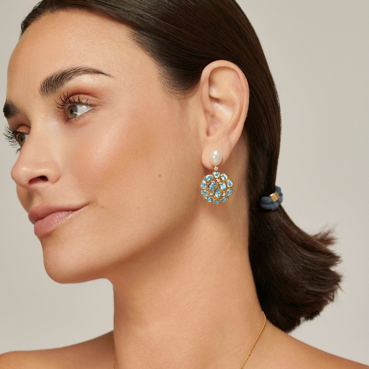 Blue Topaz and Pearl Statement Gold Stud Drop Earrings - Lulu B Jewellery