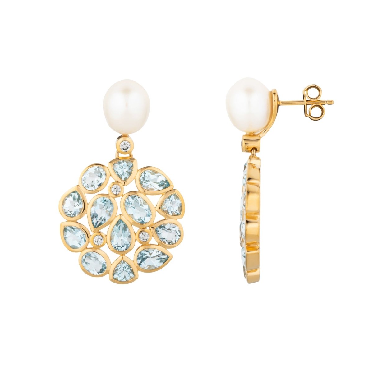 Blue Topaz and Pearl Statement Gold Stud Drop Earrings - Lulu B Jewellery