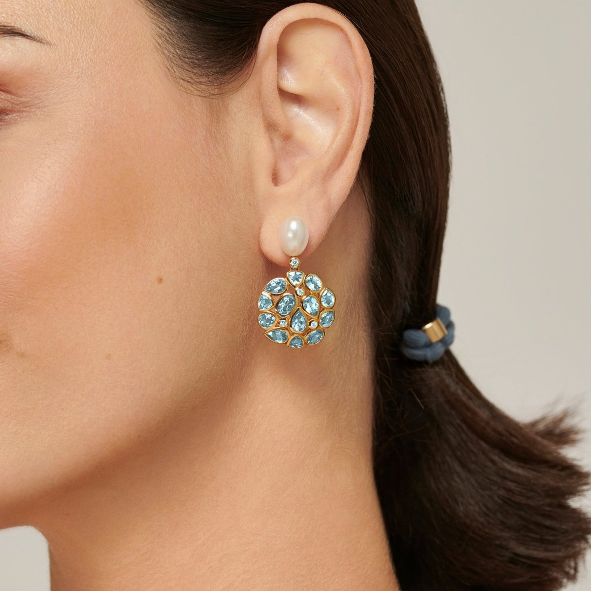 Blue Topaz and Pearl Statement Gold Stud Drop Earrings - Lulu B Jewellery