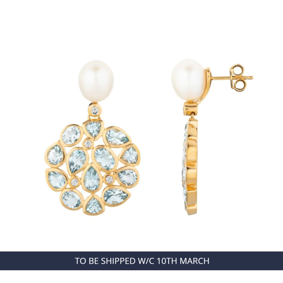 Blue Topaz and Pearl Statement Gold Stud Drop Earrings - Lulu B London - Timeless Jewellery