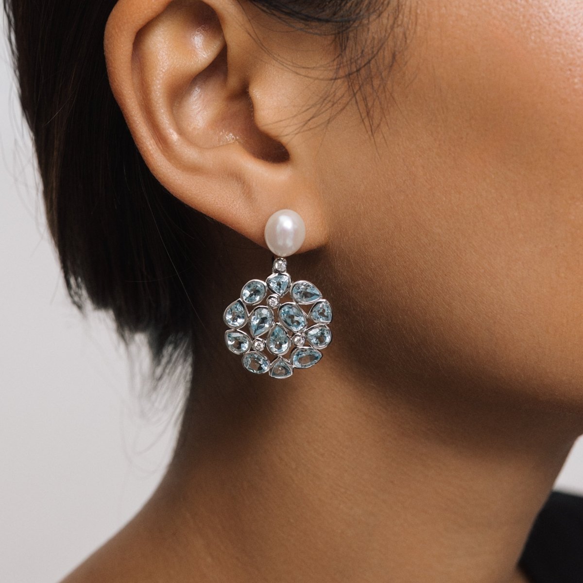 Blue Topaz and Pearl Statement Silver Stud Drop Earrings - Lulu B London - Timeless Jewellery