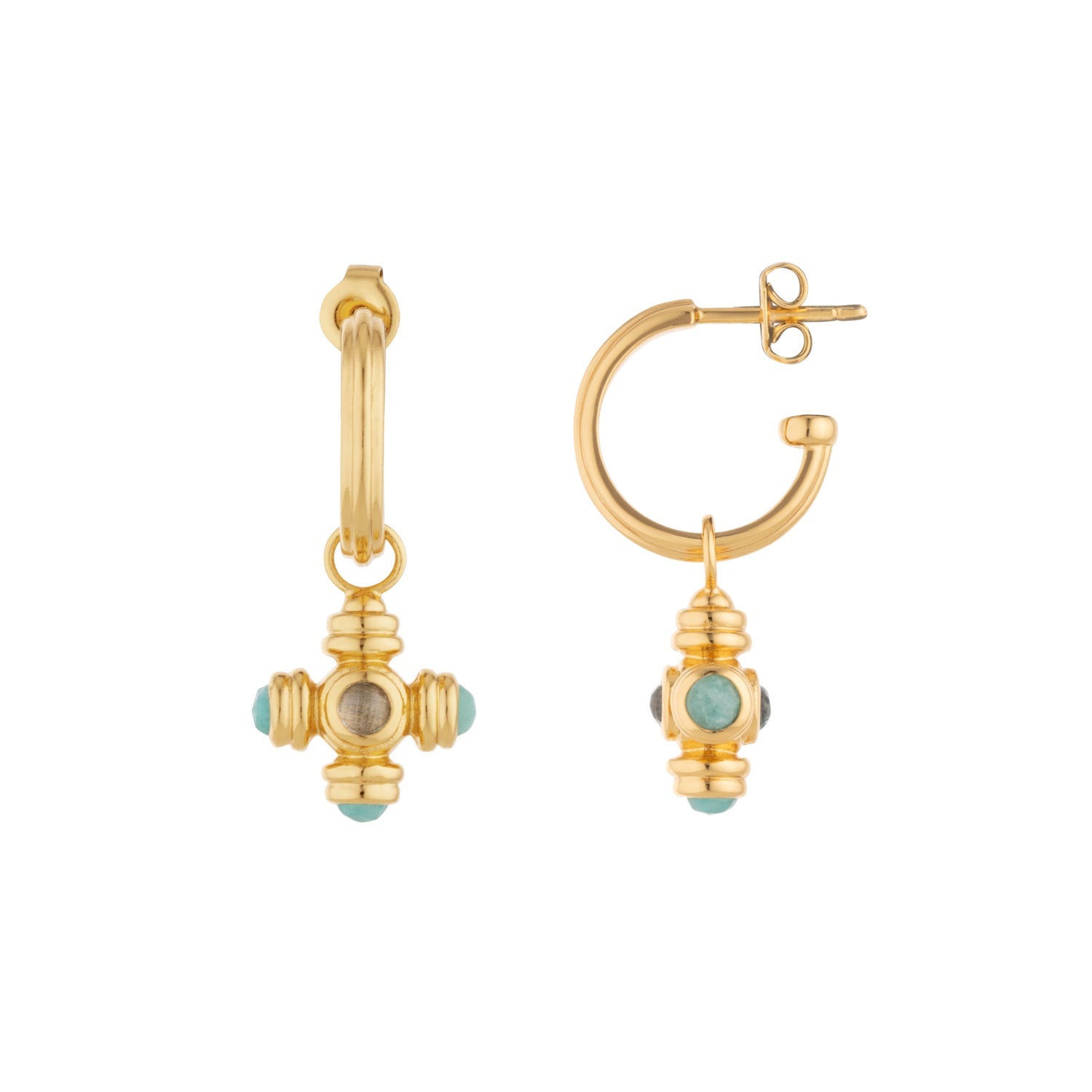 Blue Topaz Cross Gemstone Charm Gold Hoop Earrings - Lulu B London - Timeless Jewellery