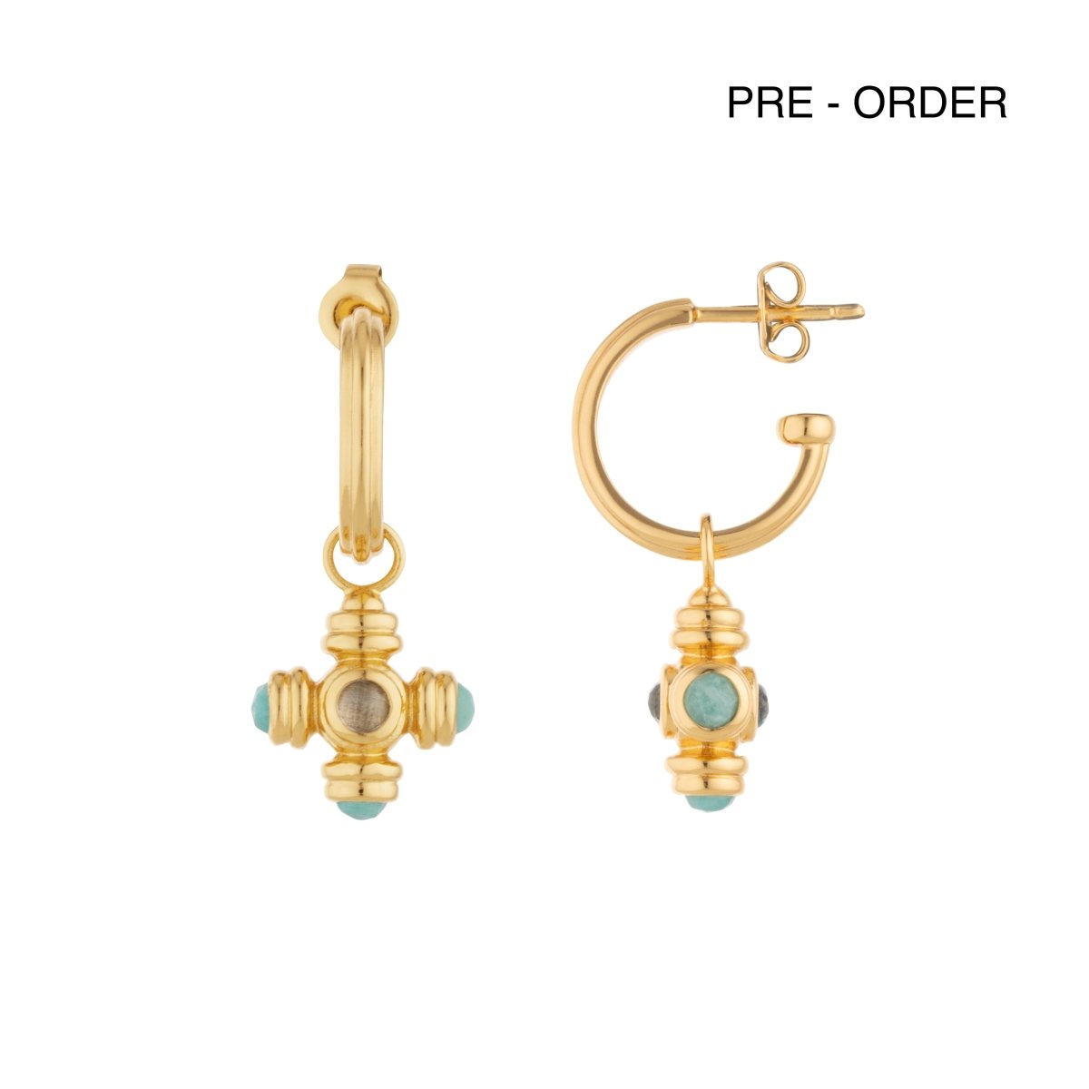 Blue Topaz Cross Gemstone Charm Gold Hoop Earrings - Lulu B London - Timeless Jewellery
