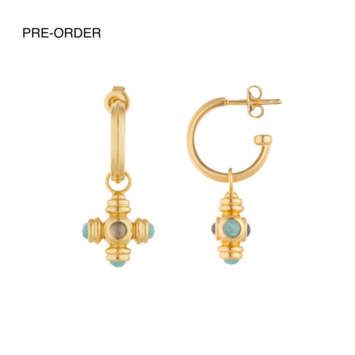 Blue Topaz Cross Gemstone Charm Gold Hoop Earrings - Lulu B London - Timeless Jewellery