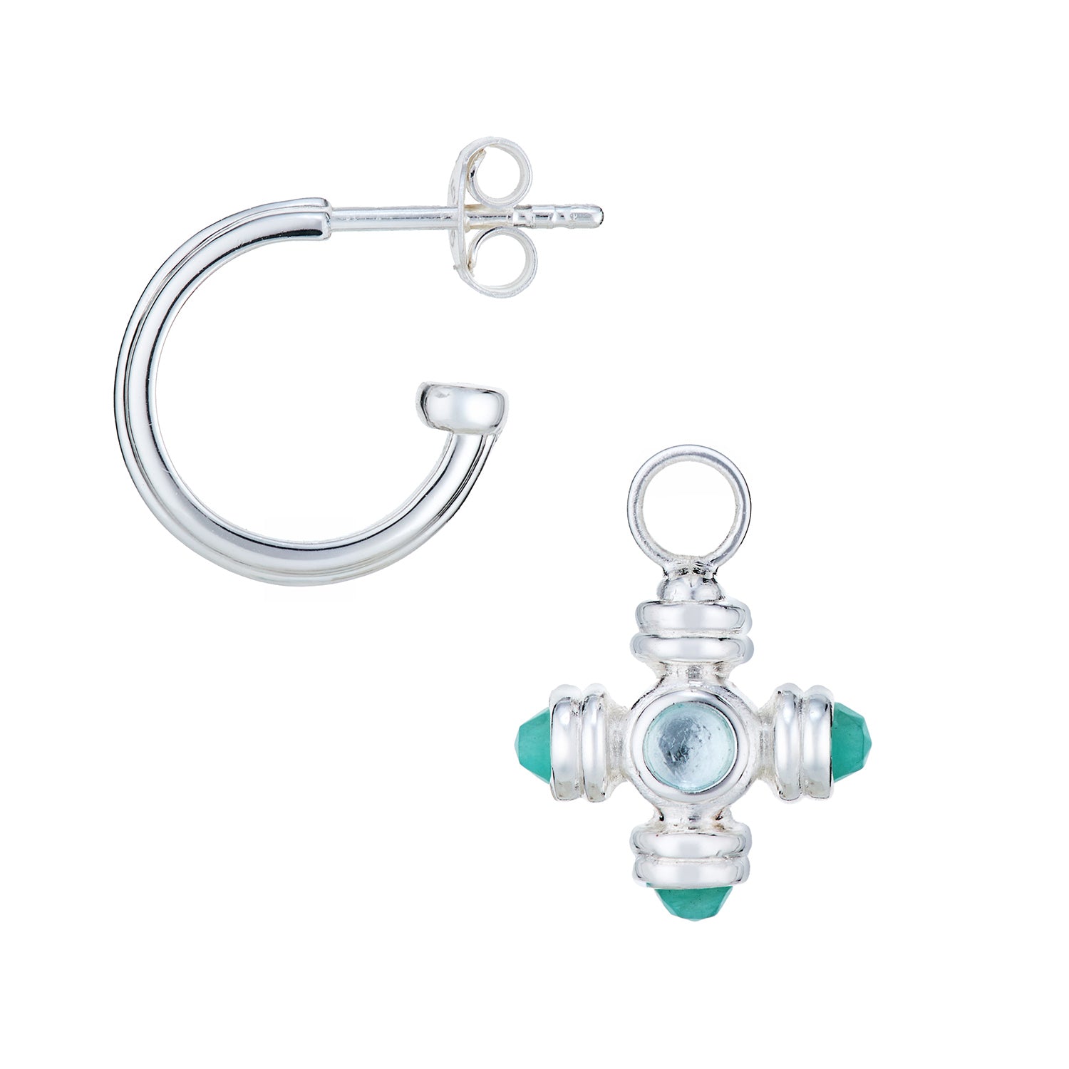 Blue Topaz Cross Gemstone Charm Silver Hoop Earrings - Lulu B London - Timeless Jewellery