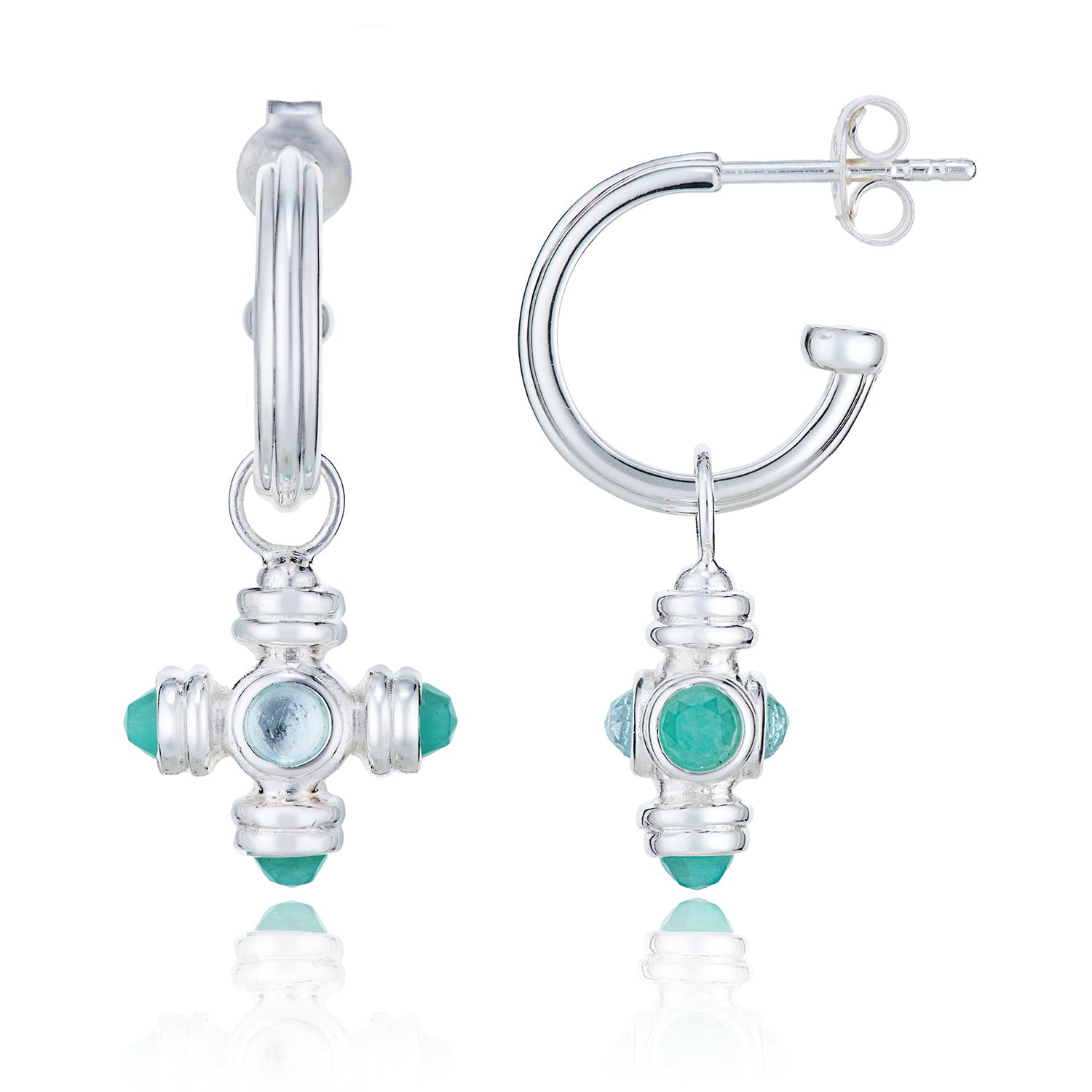 Blue Topaz Cross Gemstone Charm Silver Hoop Earrings - Lulu B London - Timeless Jewellery