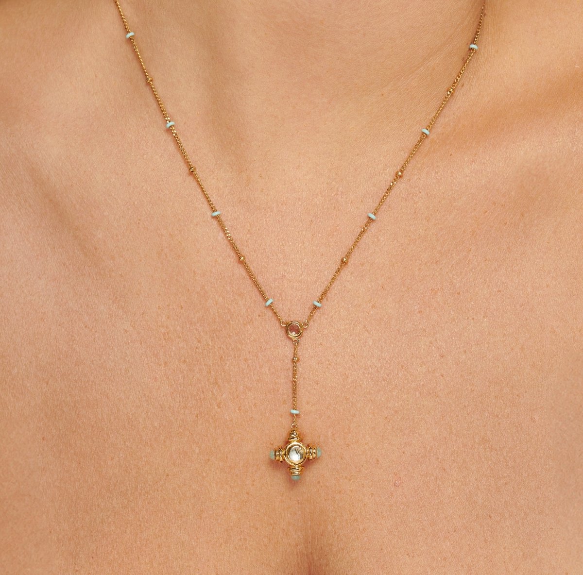 Blue Topaz Cross Gold Lariat Necklace - Lulu B Jewellery