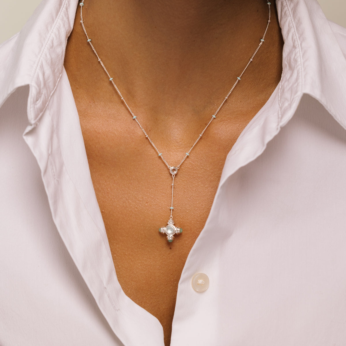 Blue Topaz Cross Silver Lariat Necklace