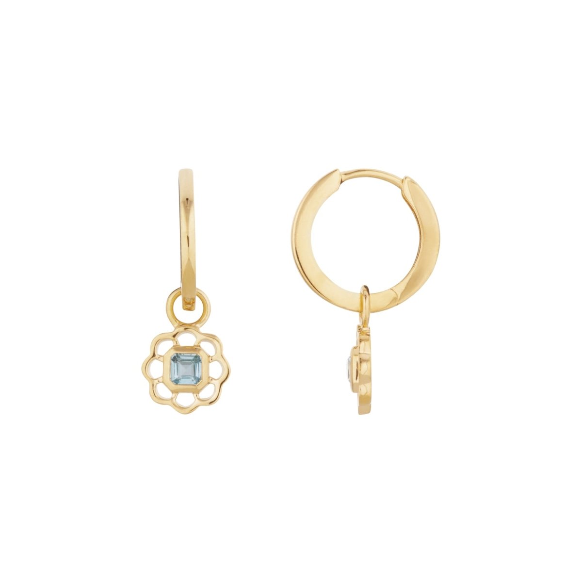 Blue Topaz Gemstone Flower Gold Drop Hoop Earrings - Lulu B Jewellery