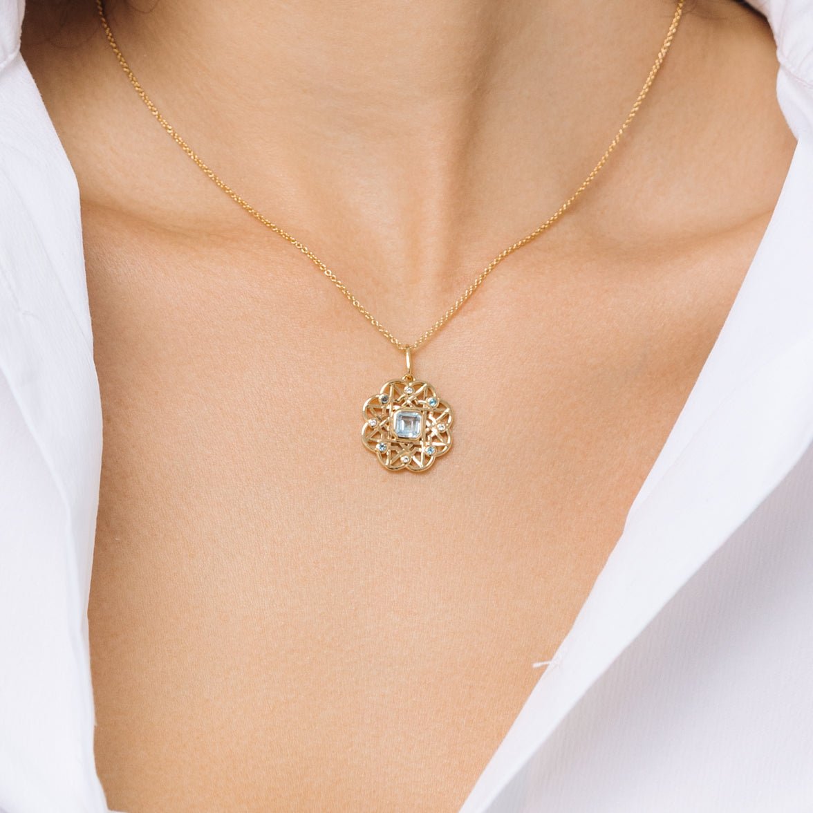 Blue Topaz Gemstone Flower Gold Necklace - Lulu B London - Timeless Jewellery