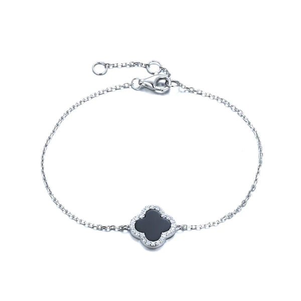 Clover Bracelet with Black Onyx and Cubic Zirconia (Silver) - Lulu B Jewellery