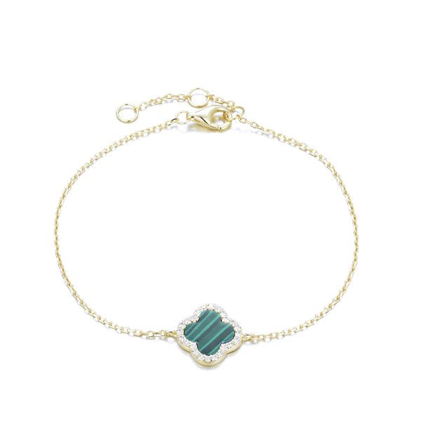 Clover Bracelet with Malachite and Cubic Zirconia (Gold) - Lulu B Jewellery