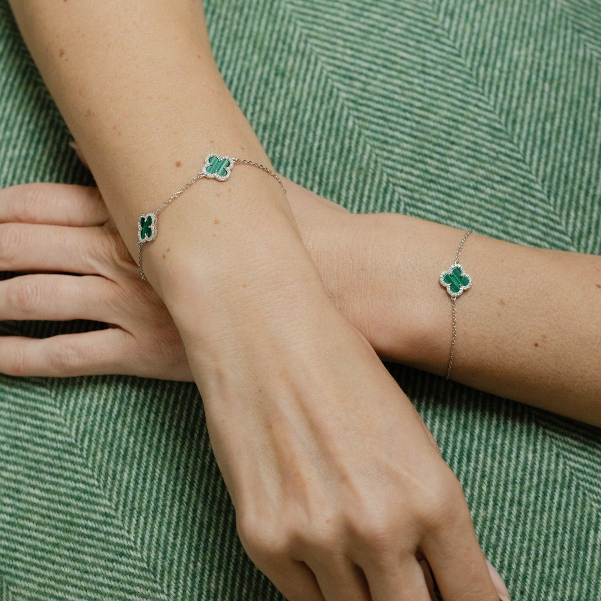 Clover Bracelet with Malachite and Cubic Zirconia (Silver) - Lulu B Jewellery