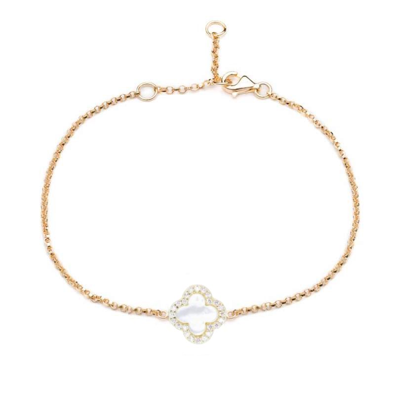 Clover Bracelet with Mother of Pearl and Cubic Zirconia (Gold) - Lulu B Jewellery