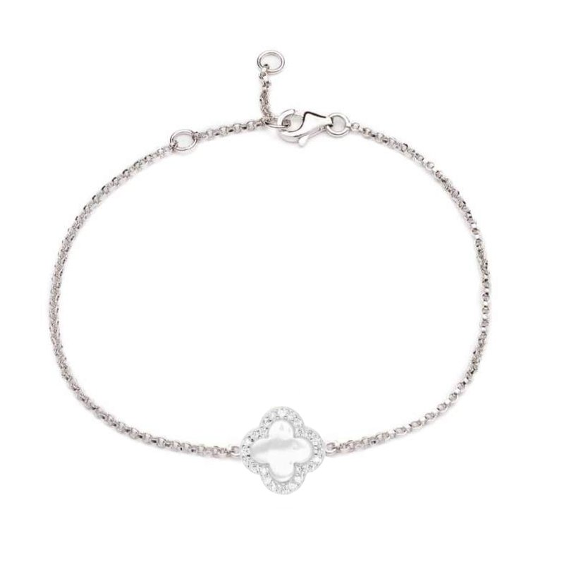 Clover Bracelet with Mother of Pearl and Cubic Zirconia (Silver) - Lulu B Jewellery