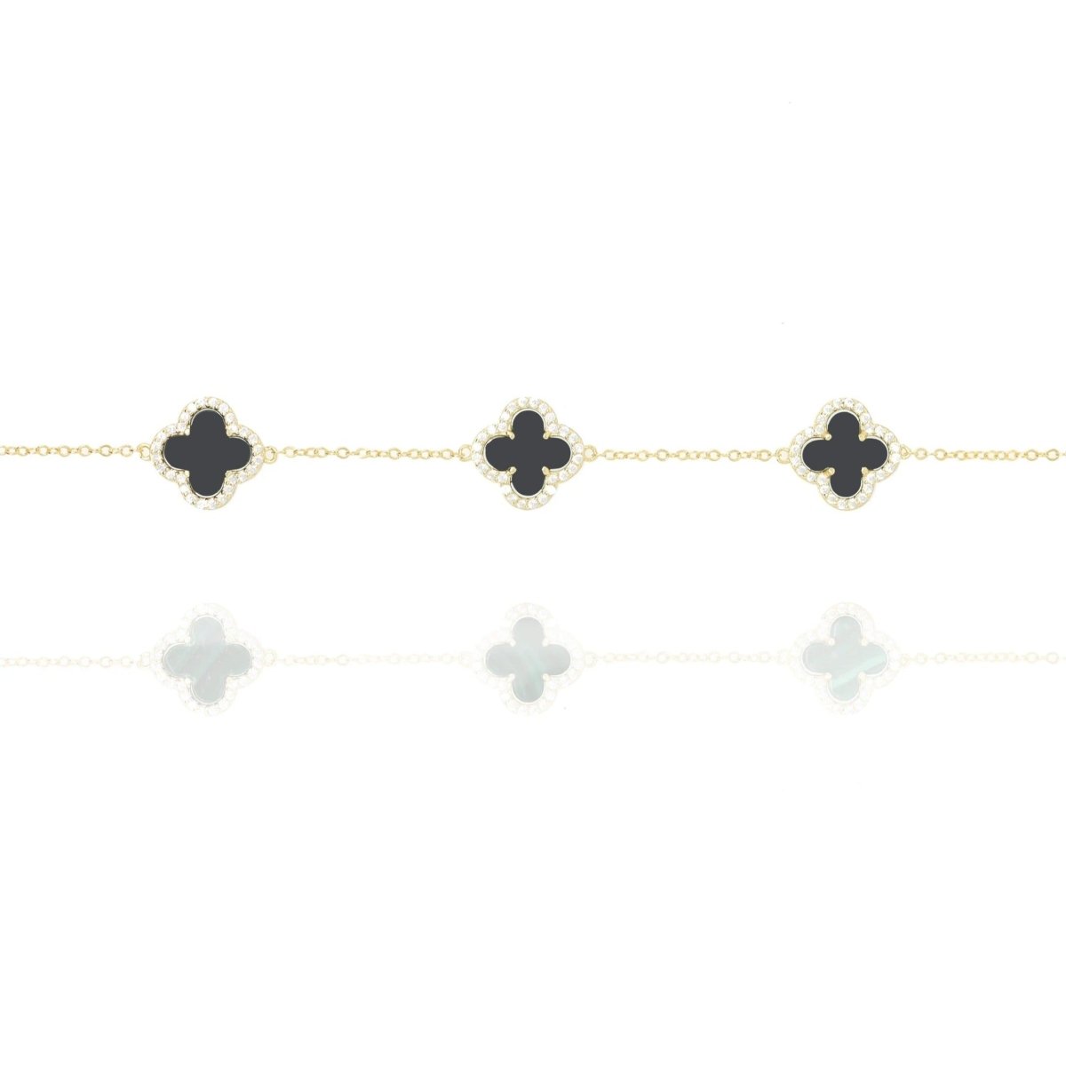 Clover Chain Bracelet with Black Onyx and Cubic Zirconia (Gold) - Lulu B Jewellery