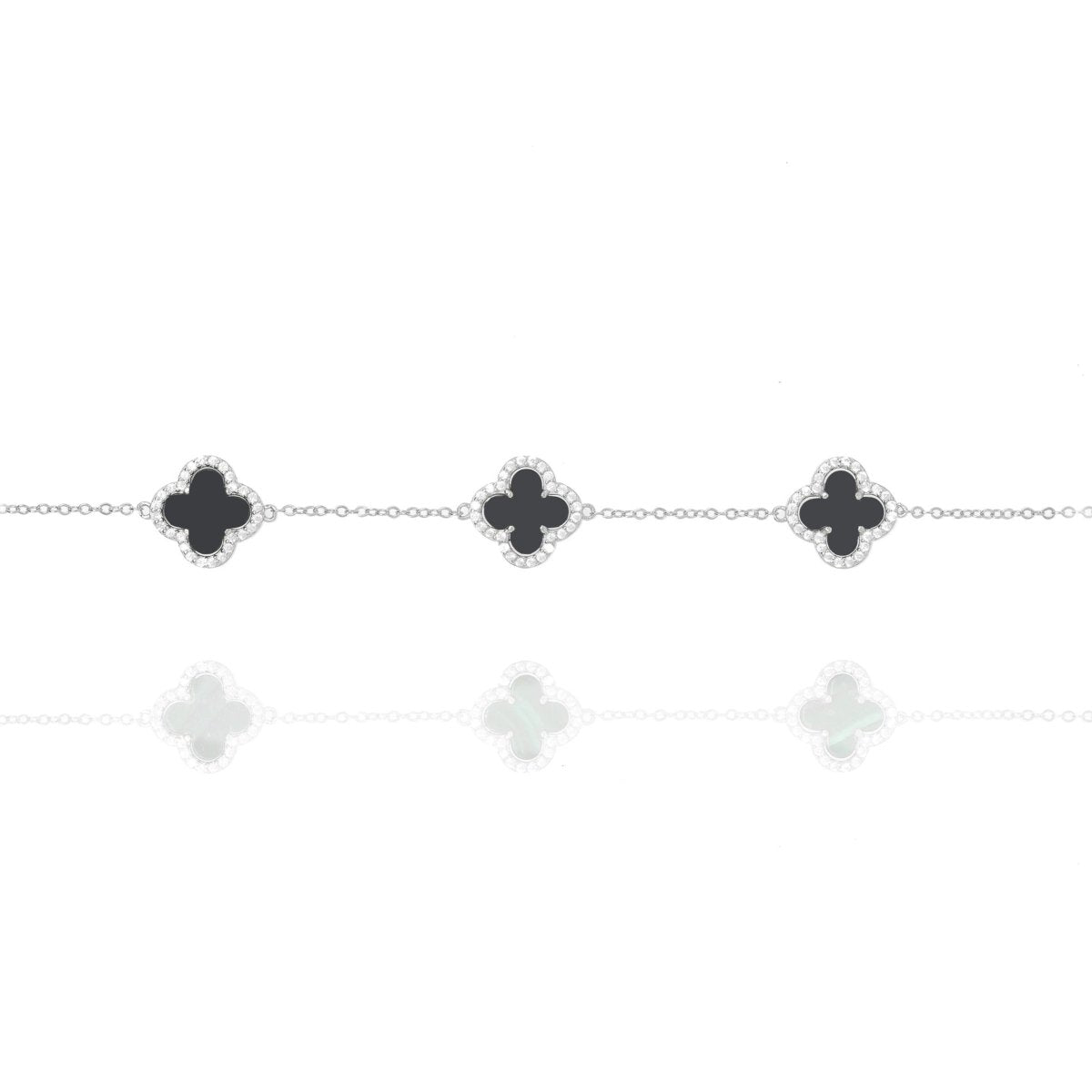 Clover Chain Bracelet with Black Onyx and Cubic Zirconia (Silver) - Lulu B Jewellery