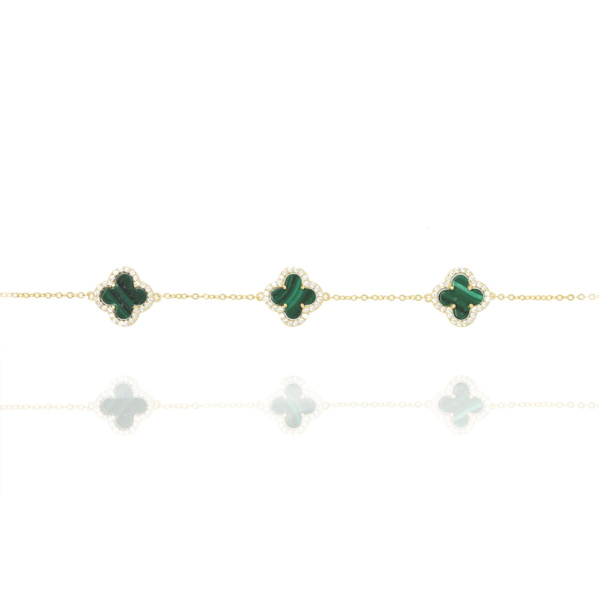 Clover Chain Bracelet with Malachite and Cubic Zirconia (Gold) - Lulu B Jewellery