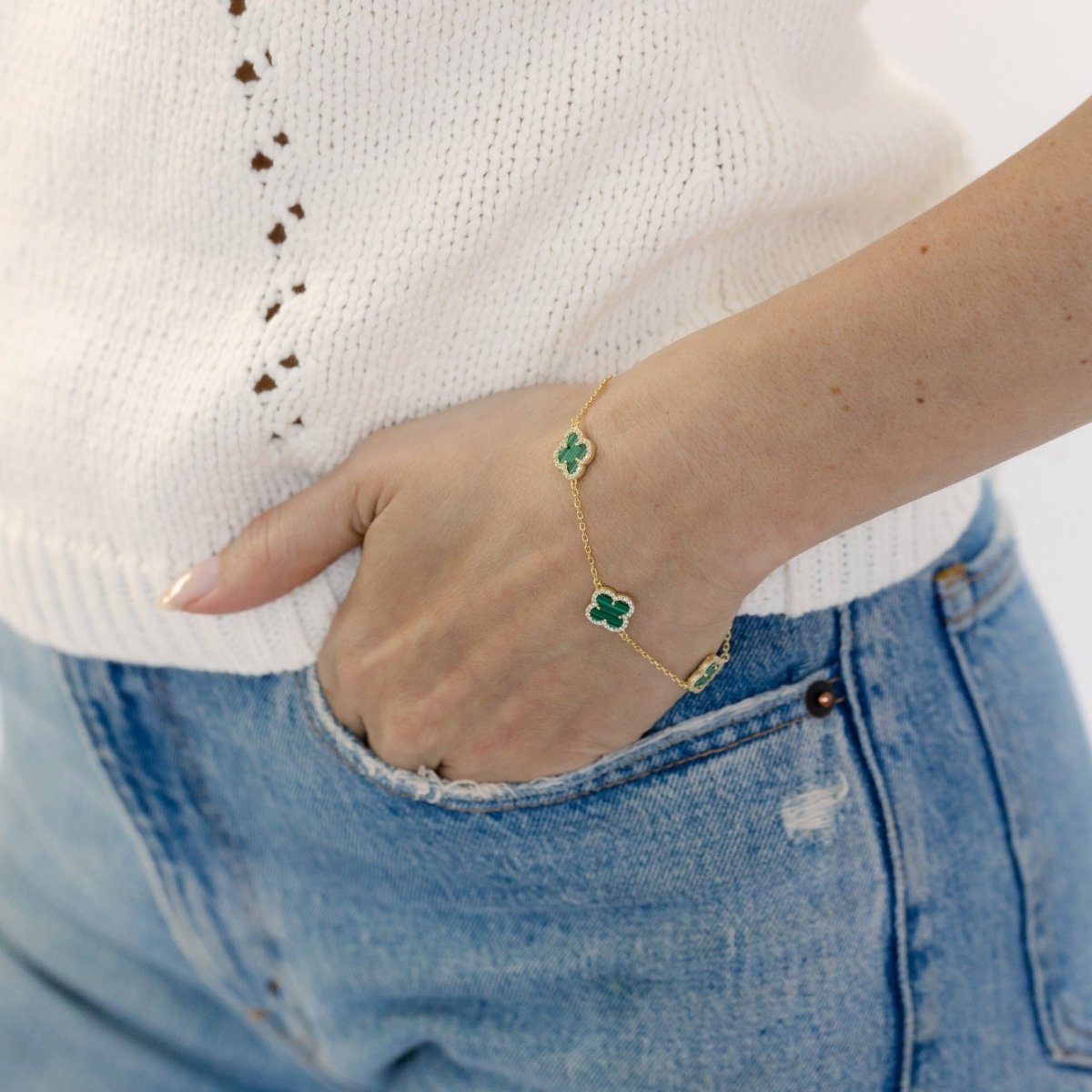 Clover Chain Bracelet with Malachite and Cubic Zirconia (Gold) - Lulu B Jewellery