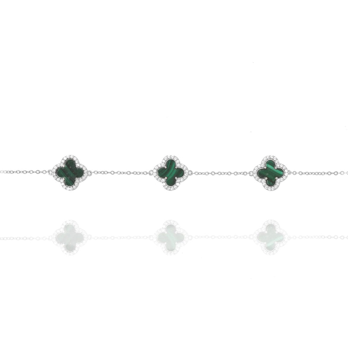 Clover Chain Bracelet with Malachite and Cubic Zirconia (Silver) - Lulu B Jewellery