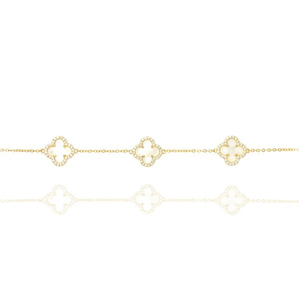 Clover Chain Bracelet with Mother of Pearl and Cubic Zirconia (Gold) - Lulu B Jewellery