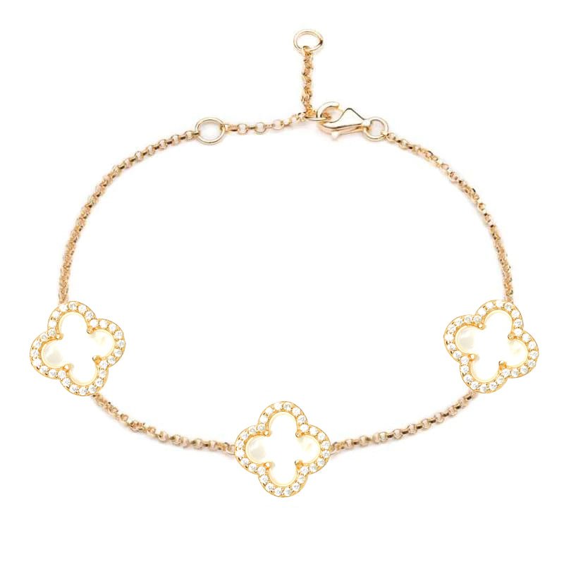 Clover Chain Bracelet with Mother of Pearl and Cubic Zirconia (Gold) - Lulu B Jewellery