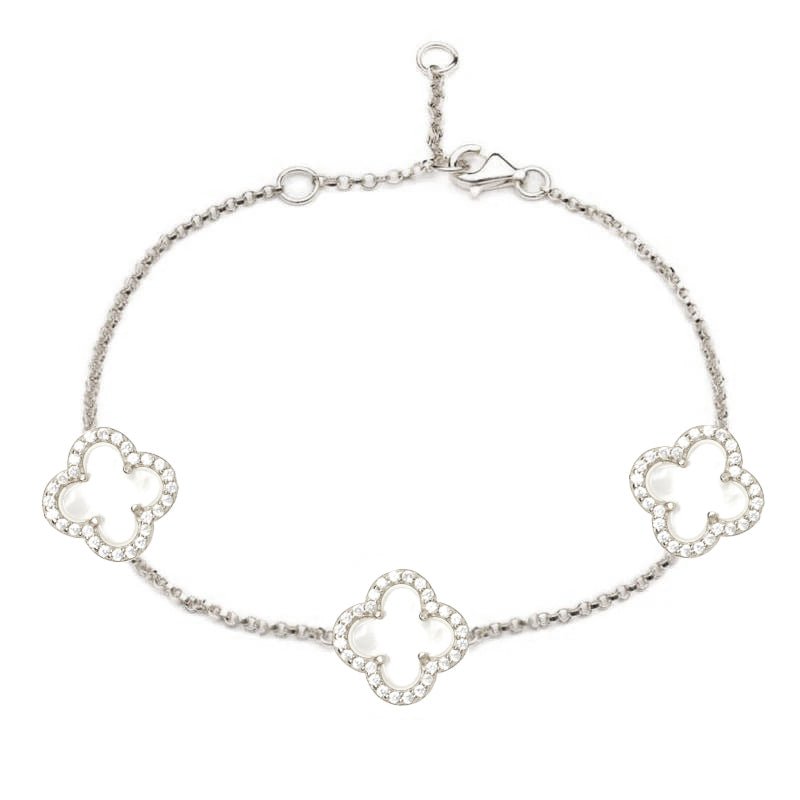 Clover Chain Bracelet with Mother of Pearl and Cubic Zirconia (Silver) - Lulu B Jewellery