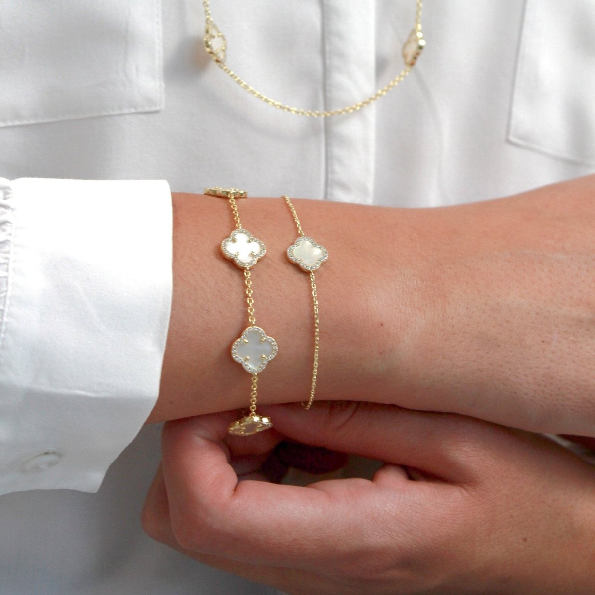 Clover Gold Bracelet (5 Piece) with Mother of Pearl and Cubic Zirconia - Lulu B Jewellery