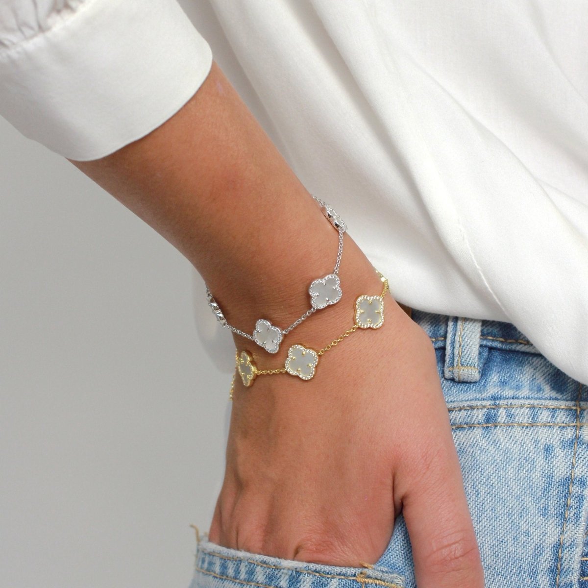 Clover Gold Bracelet (5 Piece) with Mother of Pearl and Cubic Zirconia - Lulu B Jewellery