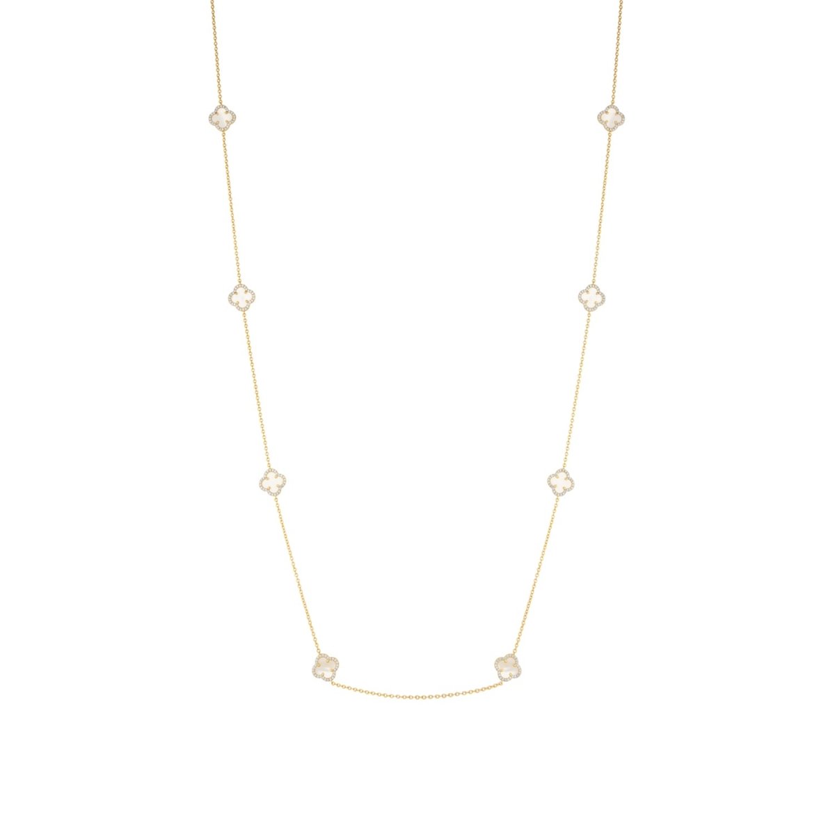 Clover Gold Long Necklace with Mother of Pearl and Cubic Zirconia - Lulu B Jewellery