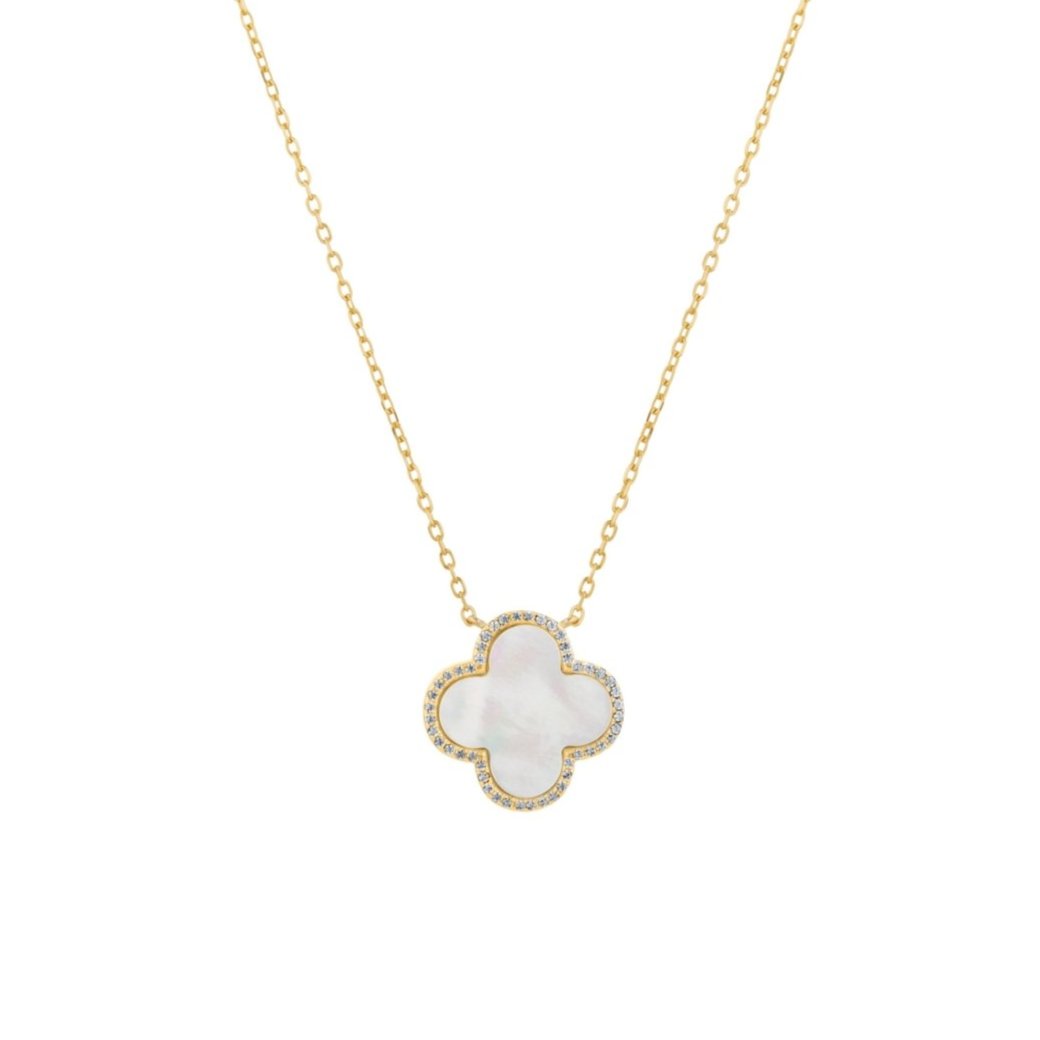 Clover Gold Necklace with Mother of Pearl and Cubic Zirconia - Large - Lulu B Jewellery