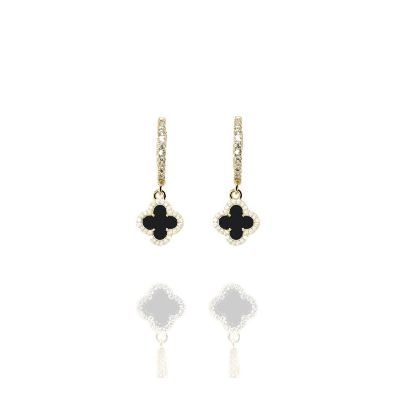 Clover Hoops with Black Onyx and Cubic Zirconia (Gold) - Lulu B Jewellery