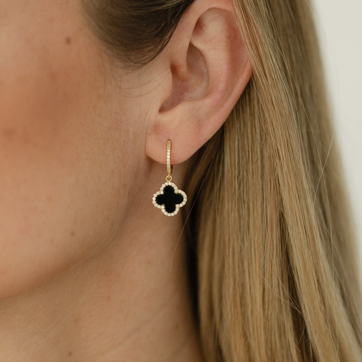 Clover Hoops with Black Onyx and Cubic Zirconia (Gold) (Large) - Lulu B London - Timeless Jewellery