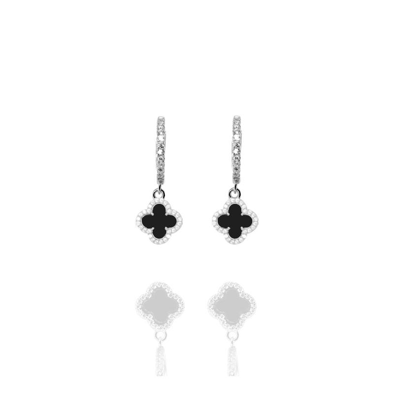 Clover Hoops with Black Onyx and Cubic Zirconia (Silver) - Lulu B Jewellery