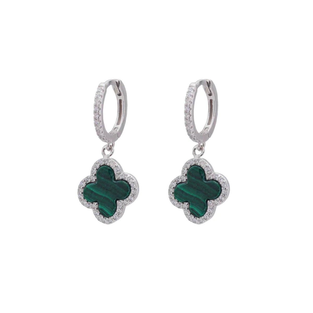 Clover Hoops with Malachite and Cubic Zirconia (Silver) (Large) - Lulu B Jewellery